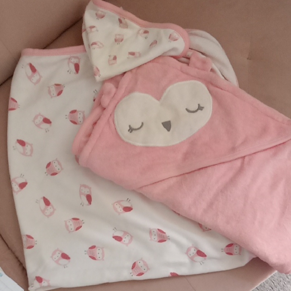 Carters 3-Pc Pink Owl Baby Blanket Set Girl